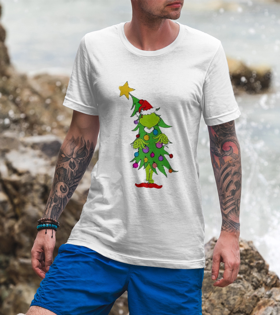 Grinch Christmas Tree Costume With Star And Ornaments T-Shirt