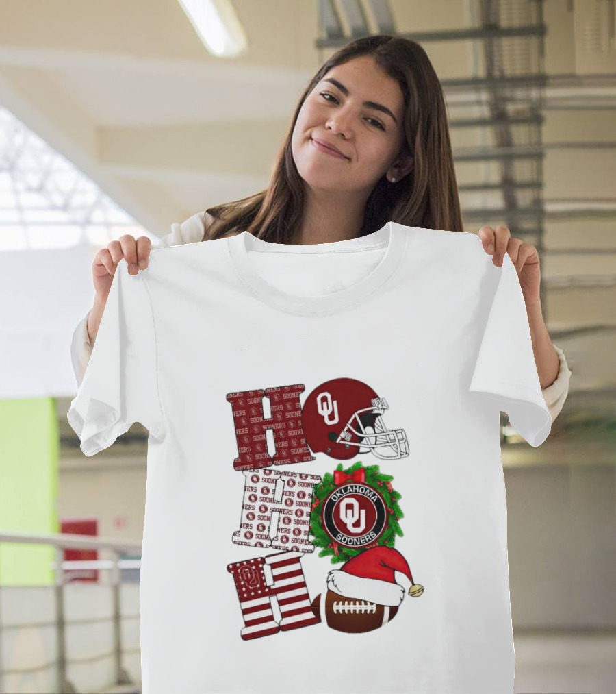 Oklahoma Sooners OU Helmet Wreath Football Santa Ho Ho Ho Christmas T-Shirt