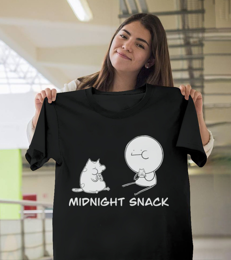 MIDNIGHT SNACK Cat And Stick Figure Eating Pizza T-Shirt