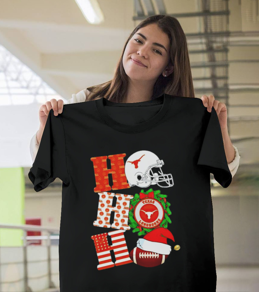 Texas Longhorns Ho Ho Ho Christmas Football Helmet Wreath Santa Hat T-Shirt