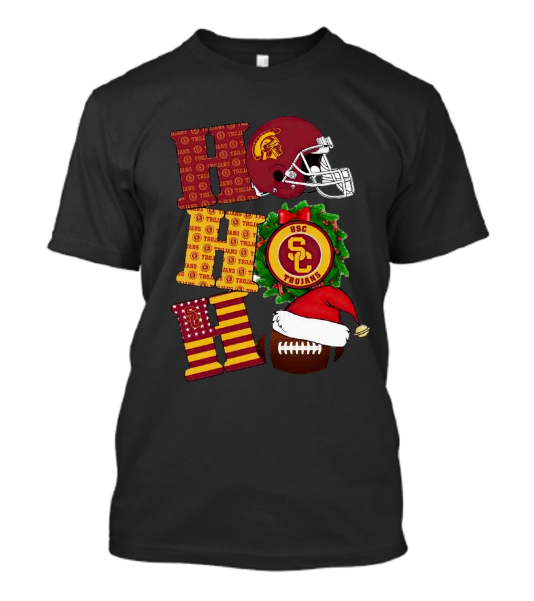 USC Trojans Ho Ho Ho Christmas Helmet Wreath Football Santa Hat T-Shirt