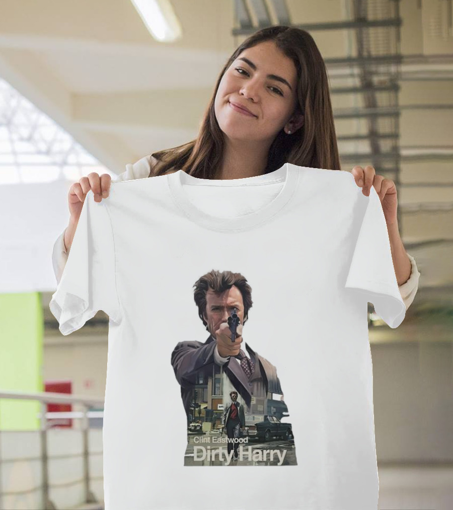 Clint Eastwood Dirty Harry Iconic Movie Scene with Gun and Urban Background T-Shirt
