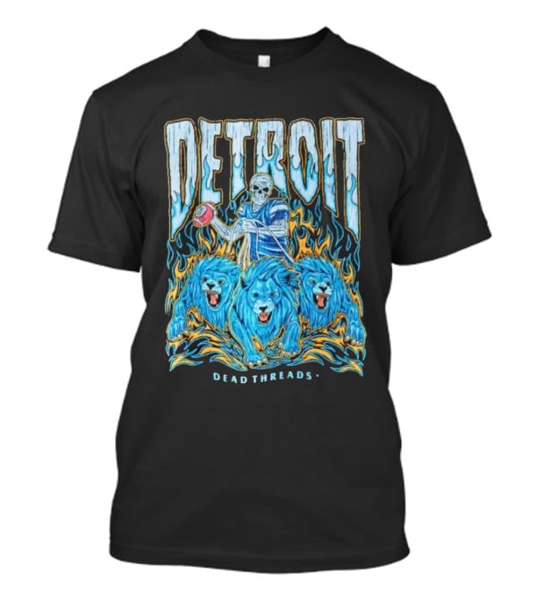 Detroit Dead Threads Football Skeleton And Blue Lions T-Shirt