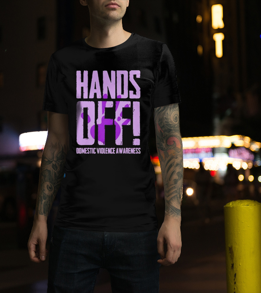 Hands Off Domestic Violence Awareness Purple Handprint T-Shirt