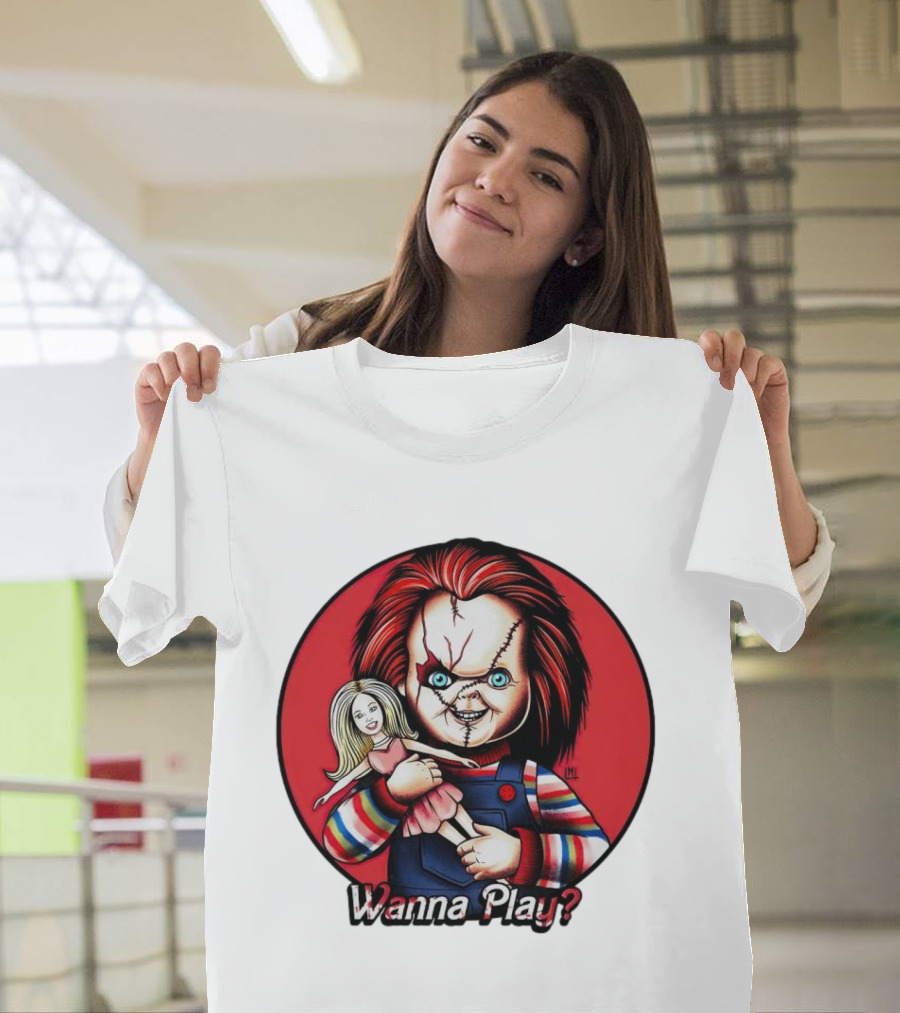 Chucky Holding Doll with Wanna Play? Text in Red Circle T-Shirt