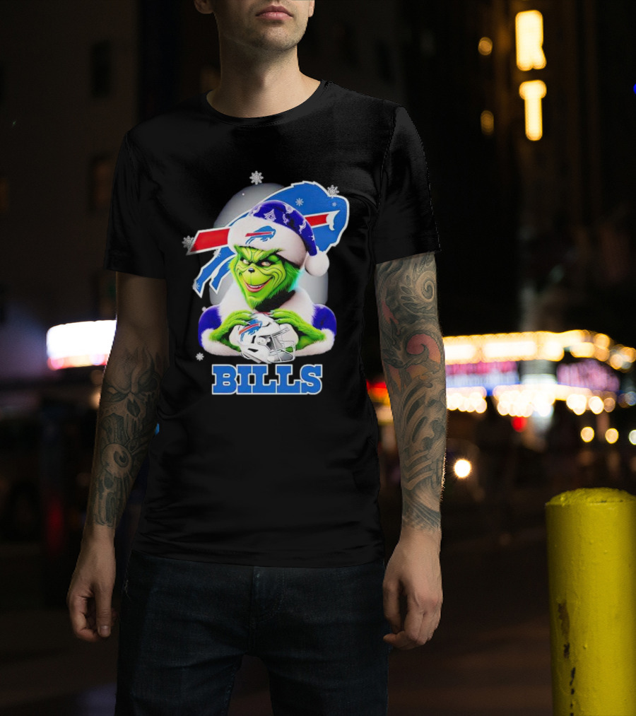 Grinch Love Buffalo Bills Christmas Santa Hat Snowflakes T-Shirt