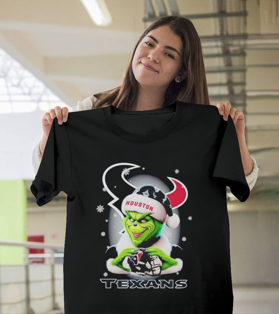 Grinch Houston Texans Christmas Football Holiday Snowflakes T-Shirt