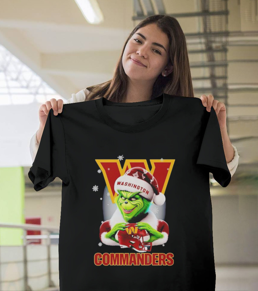 Washington Commanders Christmas Grinch in Santa Hat with Helmet T-Shirt