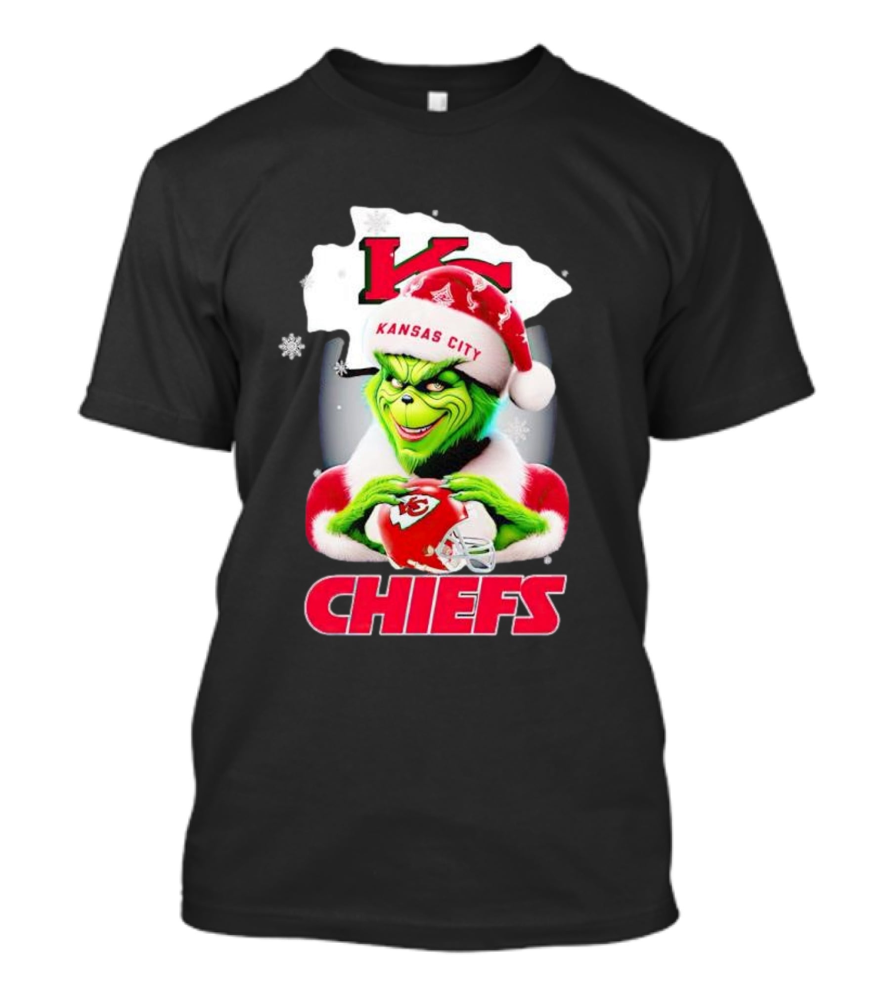 Kansas City Chiefs Christmas Grinch In Santa Hat Holding Football T-Shirt