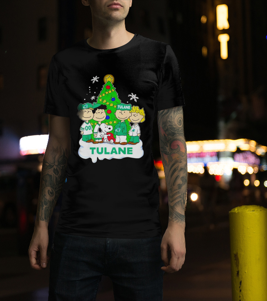 Peanuts Characters Tulane Green Wave Christmas Tree Snoopy Snowflakes T-Shirt