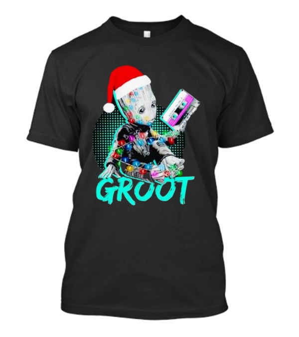 Santa Baby Groot With Cassette Tape And Holiday Lights T-Shirt