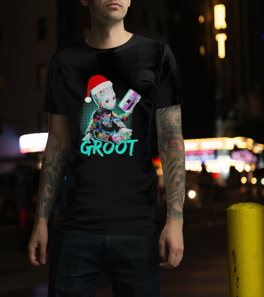 Santa Baby Groot With Cassette Tape And Holiday Lights T-Shirt