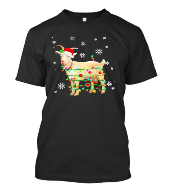 Goat Wrapped In Christmas Lights With Santa Hat And Snowflakes T-Shirt