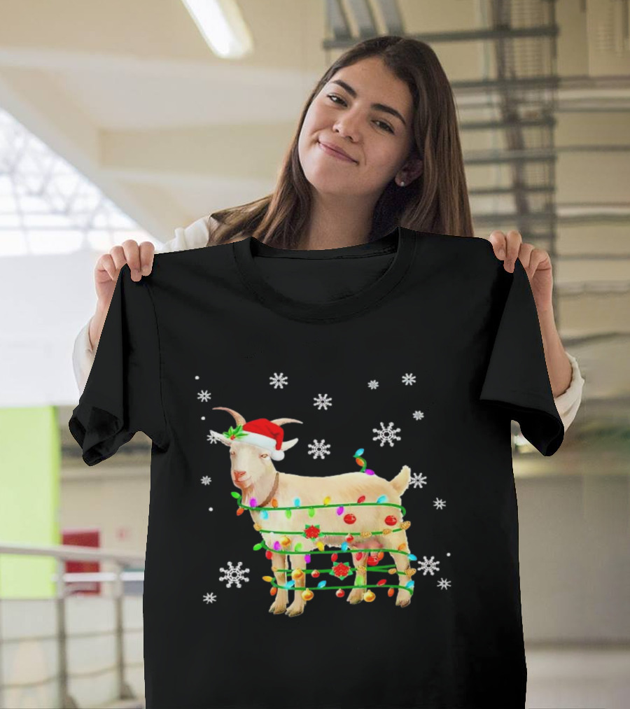 Goat Wrapped In Christmas Lights With Santa Hat And Snowflakes T-Shirt