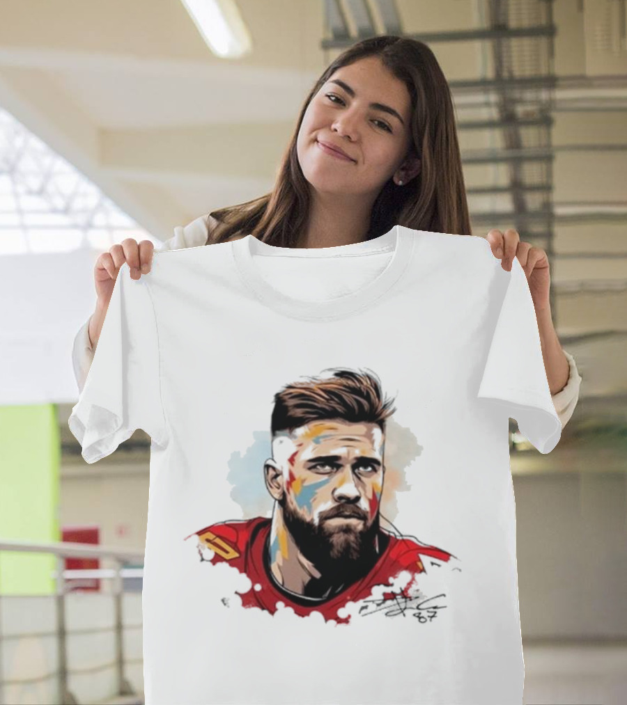 Travis Kelce Signed Portrait Artwork in Red Jersey T-Shirt