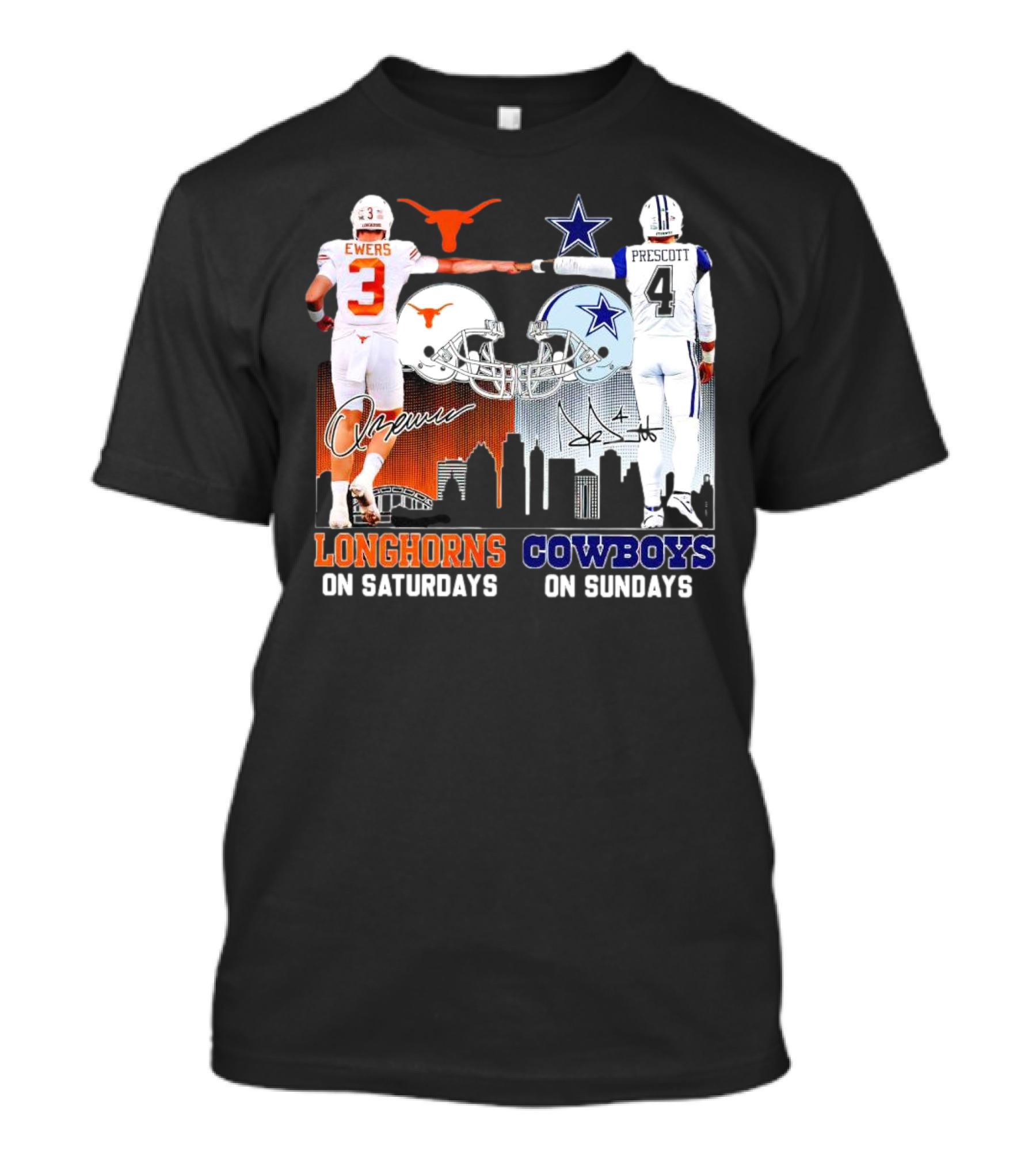 Ewers Longhorns On Saturdays Prescott Cowboys On Sundays Football Helms And Skyline T-Shirt