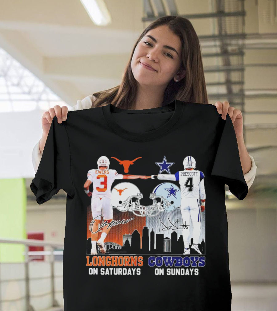 Ewers Longhorns on Saturdays Prescott Cowboys on Sundays Football Helms and Skyline T-Shirt