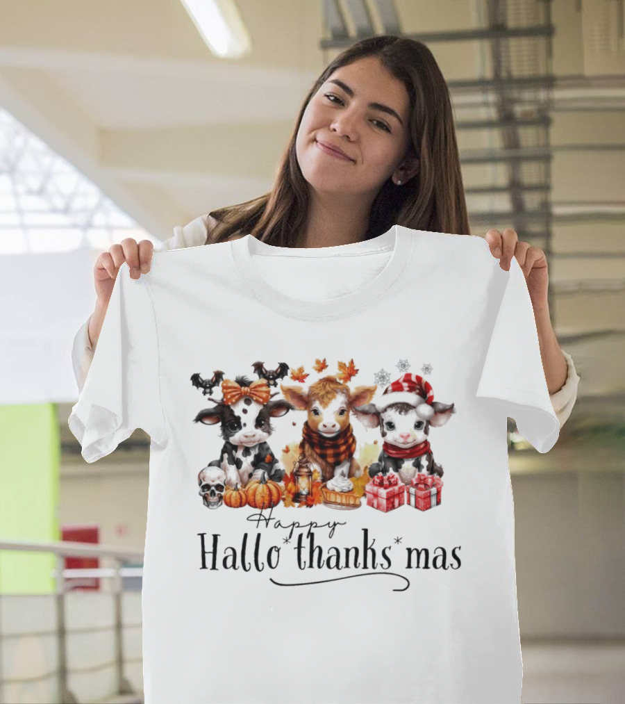 Happy HalloThanksMas Baby Cows With Pumpkins And Gifts T-Shirt