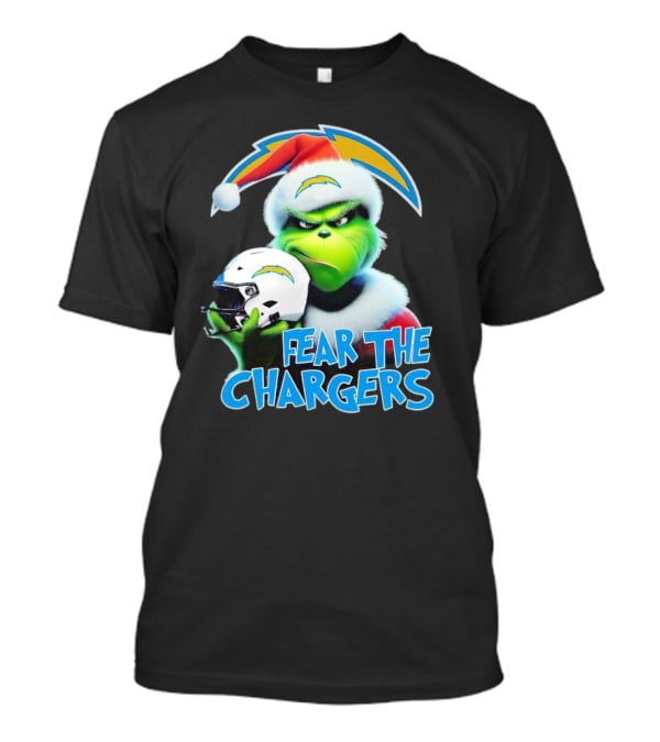 Grinch Santa Holding Los Angeles Chargers Helmet Fear The Chargers T-Shirt