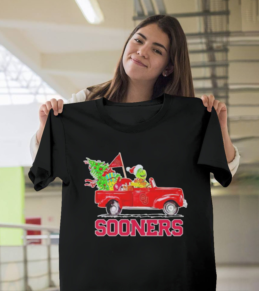 Sooners Grinch Driving Red Truck With Christmas Tree And Gifts T-Shirt