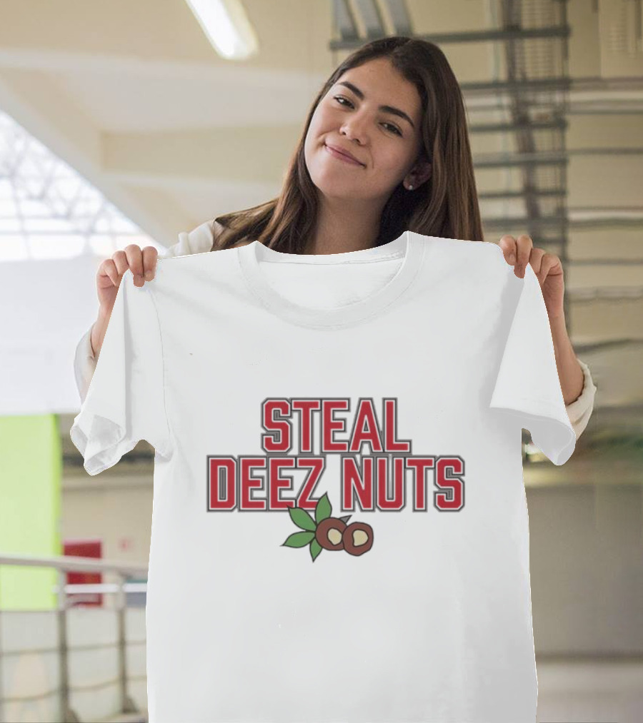 Steal Deez Nuts Christmas Humor Red Text with Hazelnuts and Leaves T-Shirt