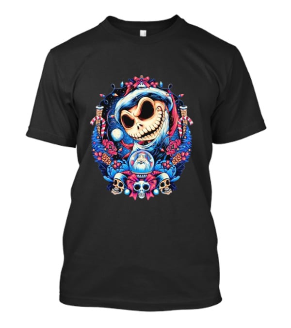 Jack Skellington Christmas Santa Skull Wreath Candy Cane Holiday T-Shirt