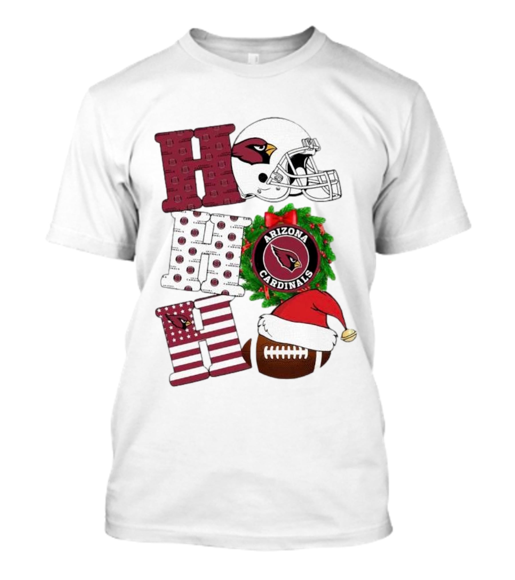 Arizona Cardinals Helmet Wreath Football Ho Ho Ho Merry Christmas T-Shirt