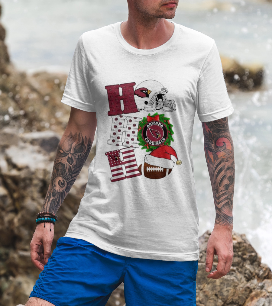 Arizona Cardinals Helmet Wreath Football Ho Ho Ho Merry Christmas T-Shirt