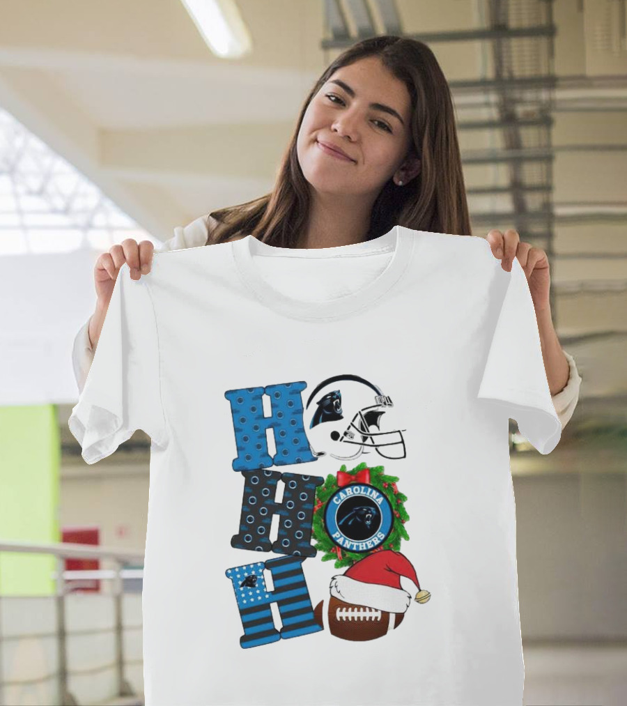 Carolina Panthers Ho Ho Ho Merry Christmas Football Helmet Wreath Santa Hat T-Shirt
