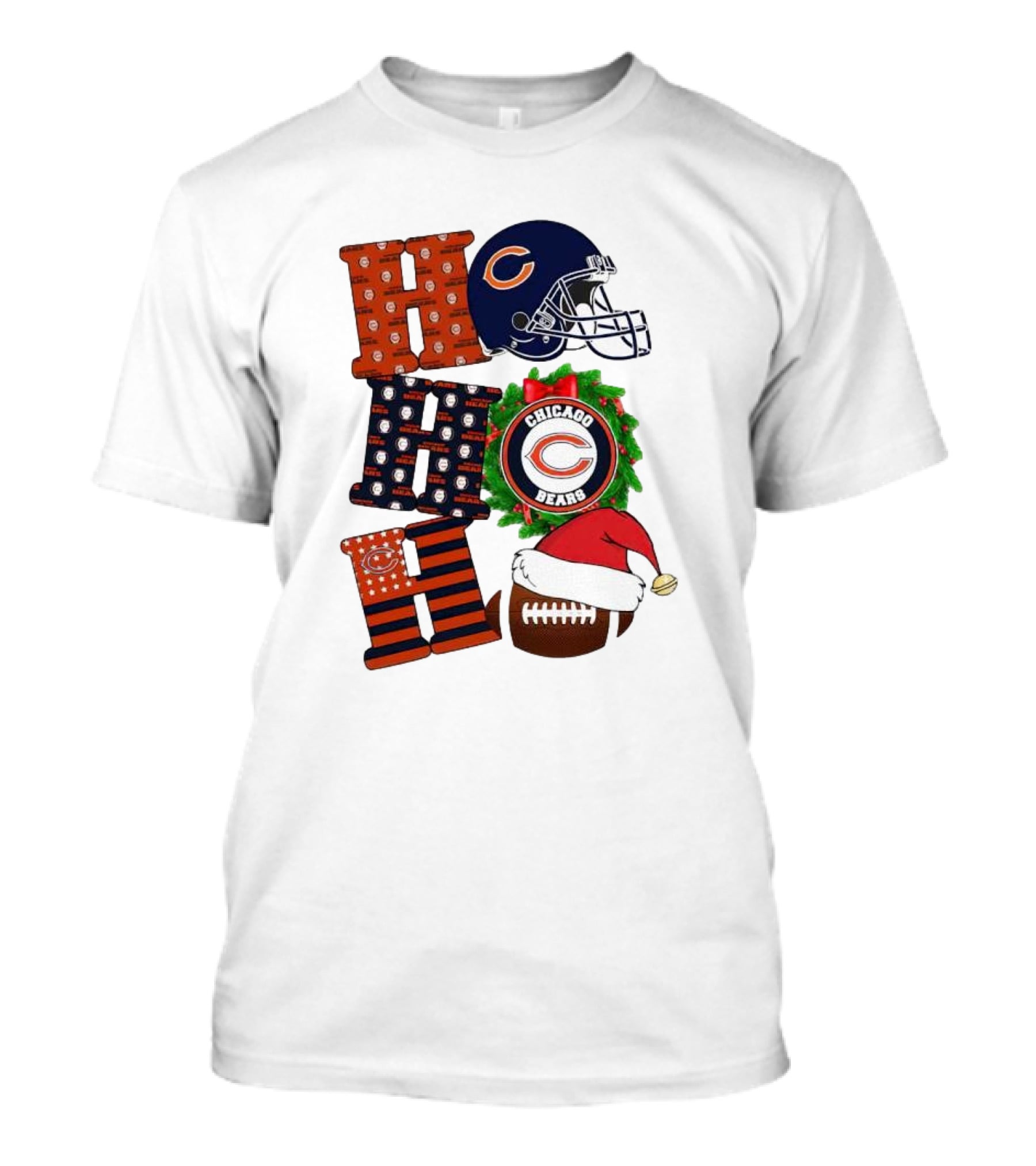 Chicago Bears Ho Ho Ho Merry Christmas Football Helmet Wreath Santa Hat T-Shirt