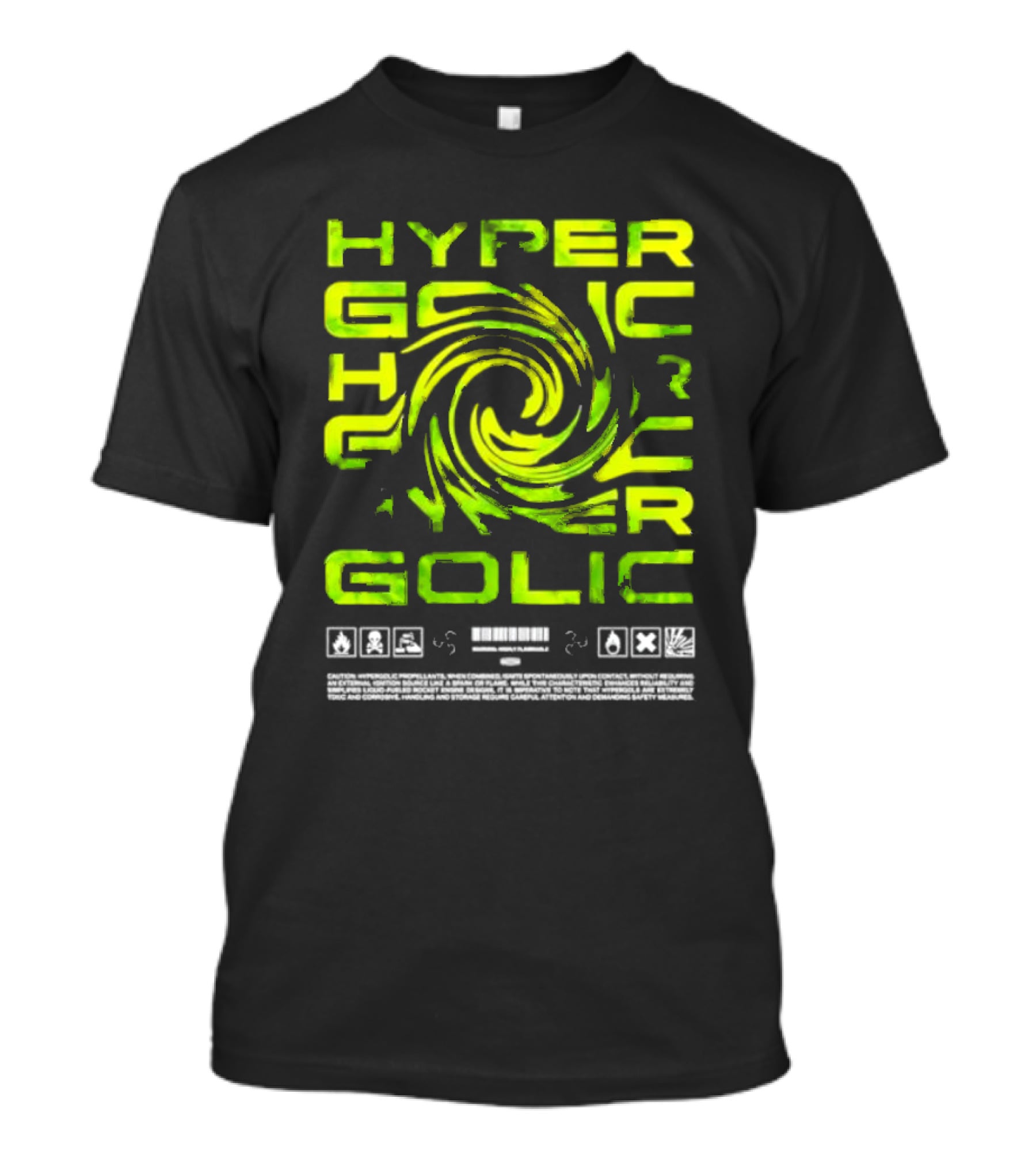 Hypergolic Safety Warning Symbols Swirl Text T-Shirt
