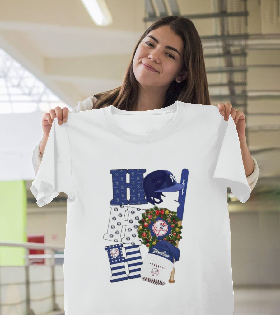 New York Yankees Ho Ho Ho Merry Christmas Yankees Caps Wreath Baseball Bat T-Shirt