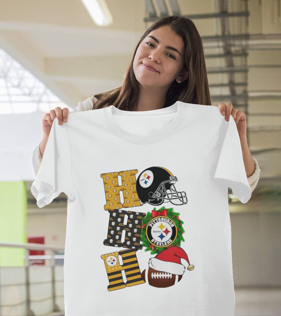 Pittsburgh Steelers Ho Ho Ho Merry Christmas Football Helmet Wreath Santa Hat T-Shirt