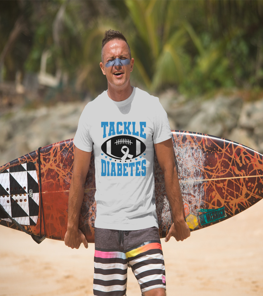 Tackle Diabetes Awareness Football Design With Blue Ribbon And Hearts T-Shirt
