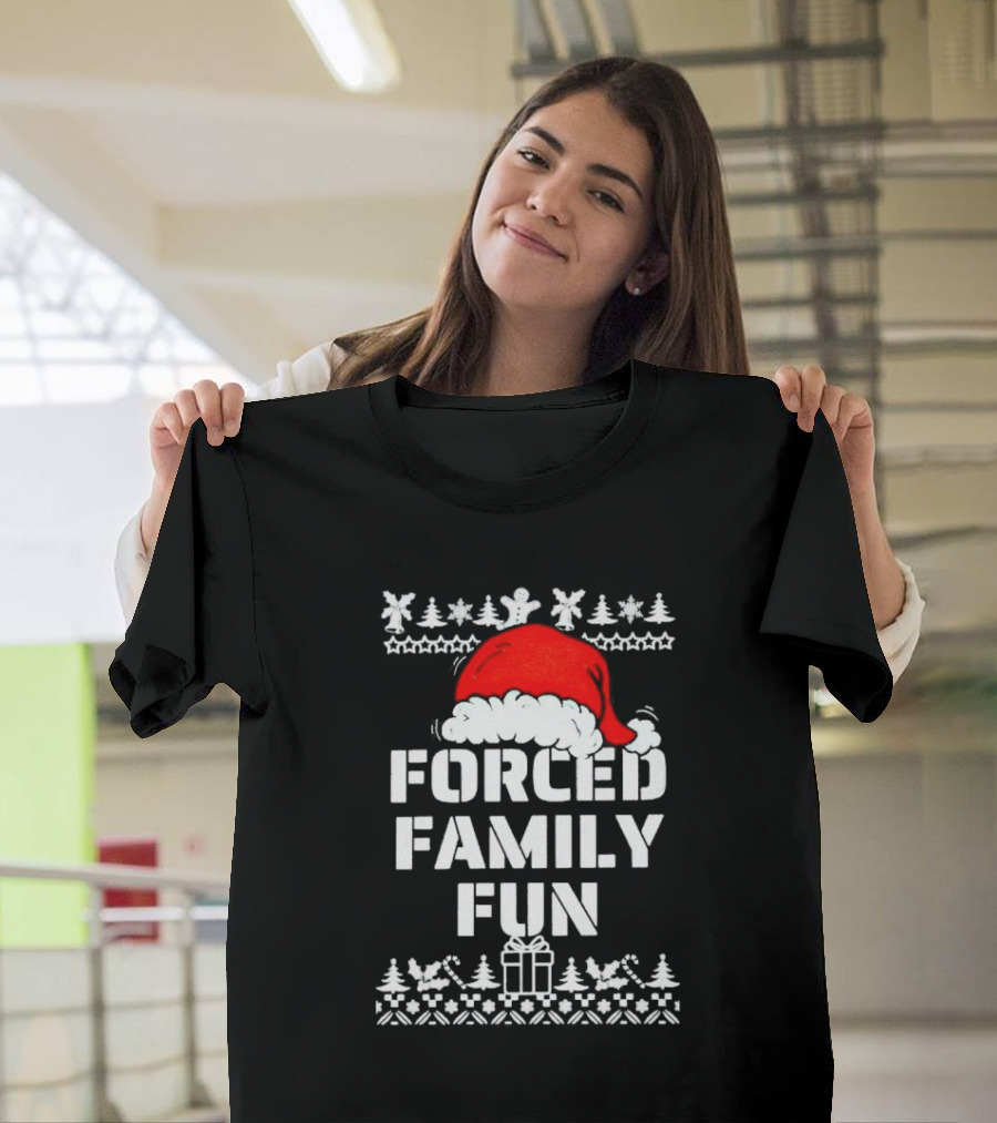 Forced Family Fun Christmas Santa Hat Trees Presents T-Shirt