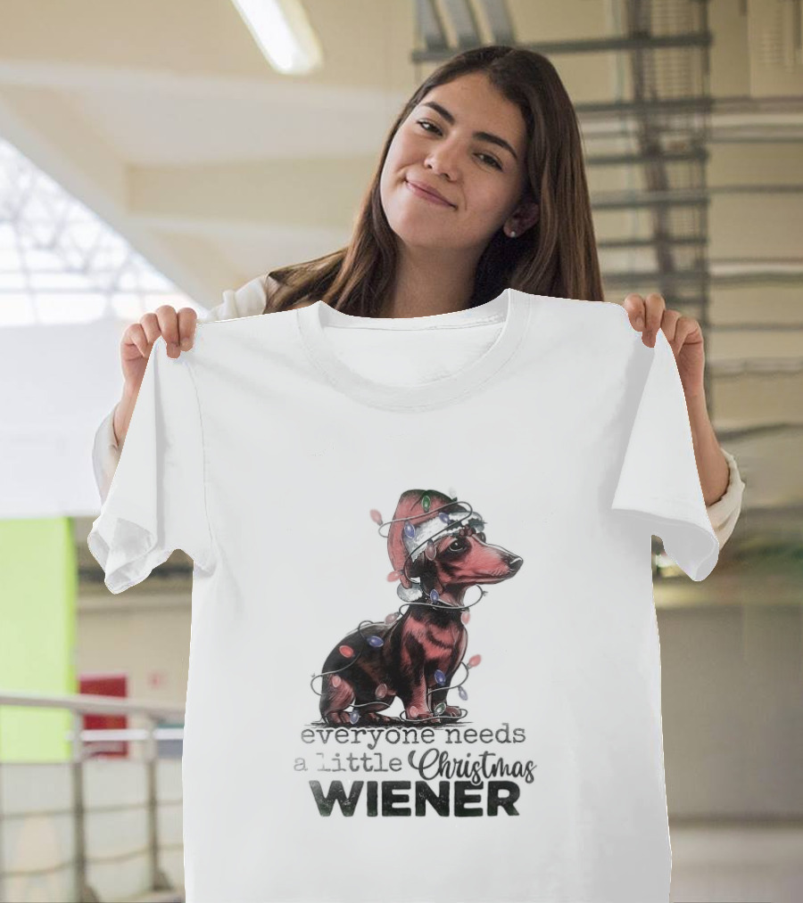 Everyone Needs A Little Christmas Wiener Dachshund With Lights And Santa Hat T-Shirt