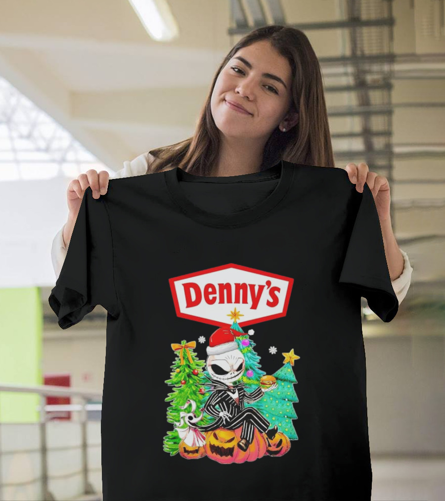 Denny’s Jack Skellington Santa Sitting On Pumpkins With Christmas Trees T-Shirt