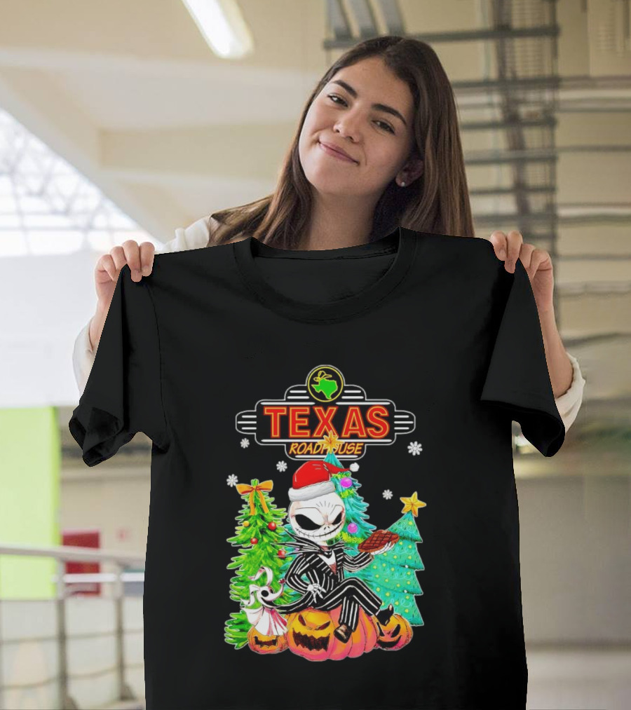 Jack Skellington Christmas with Texas Roadhouse Pumpkin and Christmas Trees T-Shirt