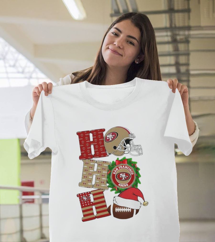 San Francisco 49ers Ho Ho Ho Merry Christmas Football Helmet Wreath Santa Hat T-Shirt