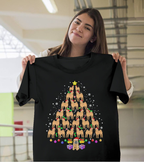 Shar Pei Holiday Tree With Festive Lights And Santa Hats T-Shirt