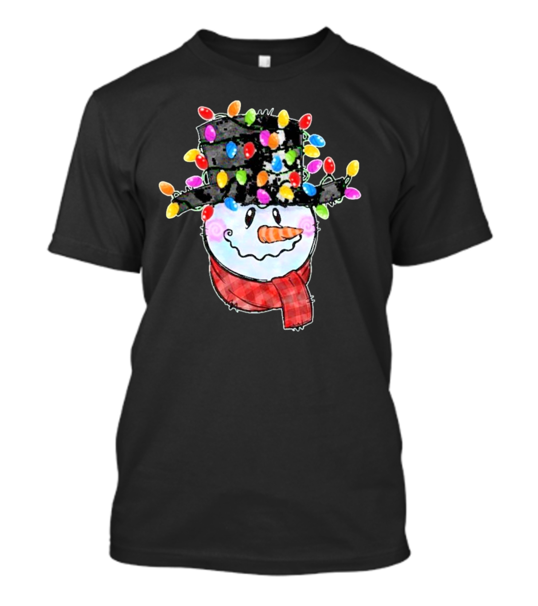 Snowman Wrapped In Colorful Christmas Lights With Black Top Hat And Red Scarf T-Shirt