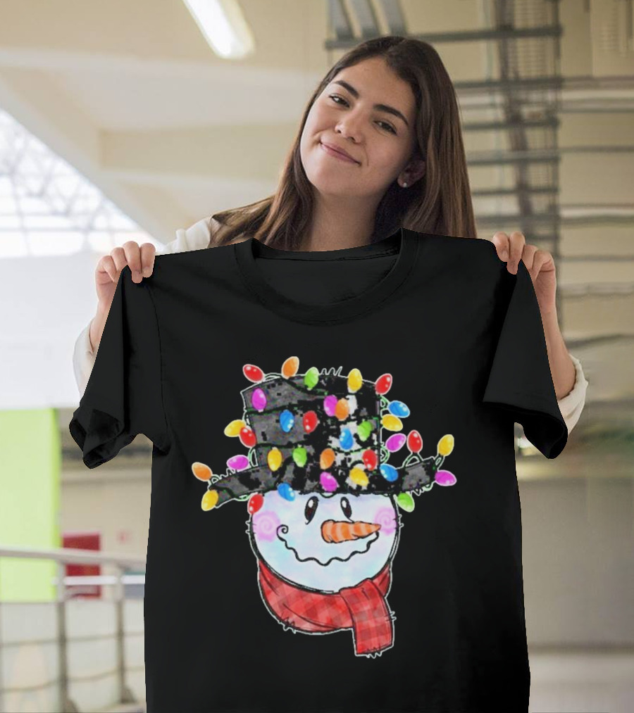 Snowman Wrapped in Colorful Christmas Lights with Black Top Hat and Red Scarf T-Shirt