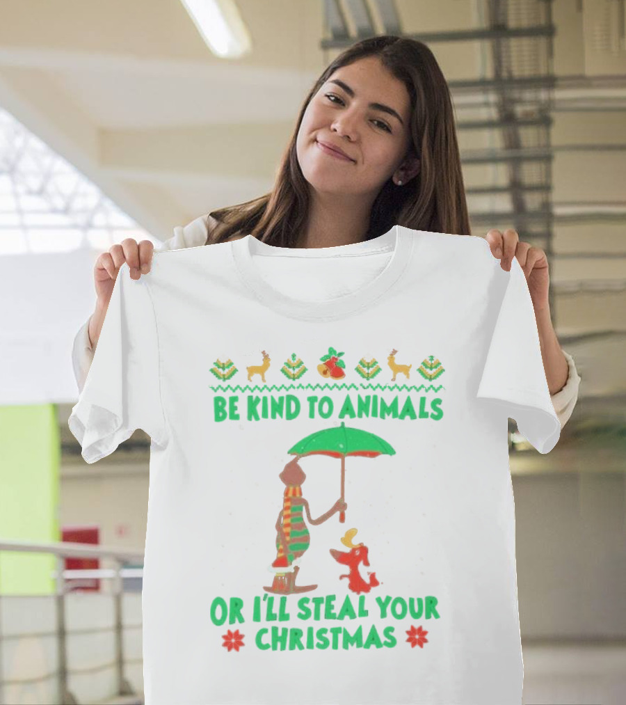 Be Kind To Animals Or I’ll Steal Your Christmas Grinch And Dog With Holiday Symbols T-Shirt