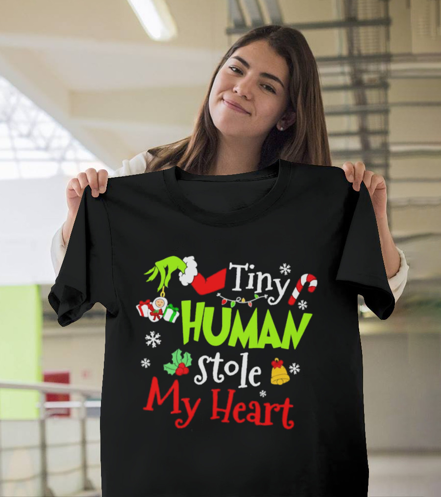 Tiny Human Stole My Heart Grinchmas Xmas With Candy Cane And Gifts T-Shirt