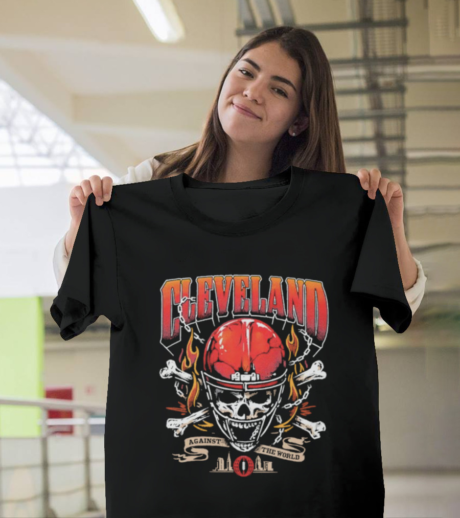 Cleveland Against The World Skull Helmet Flames Crossbones T-Shirt