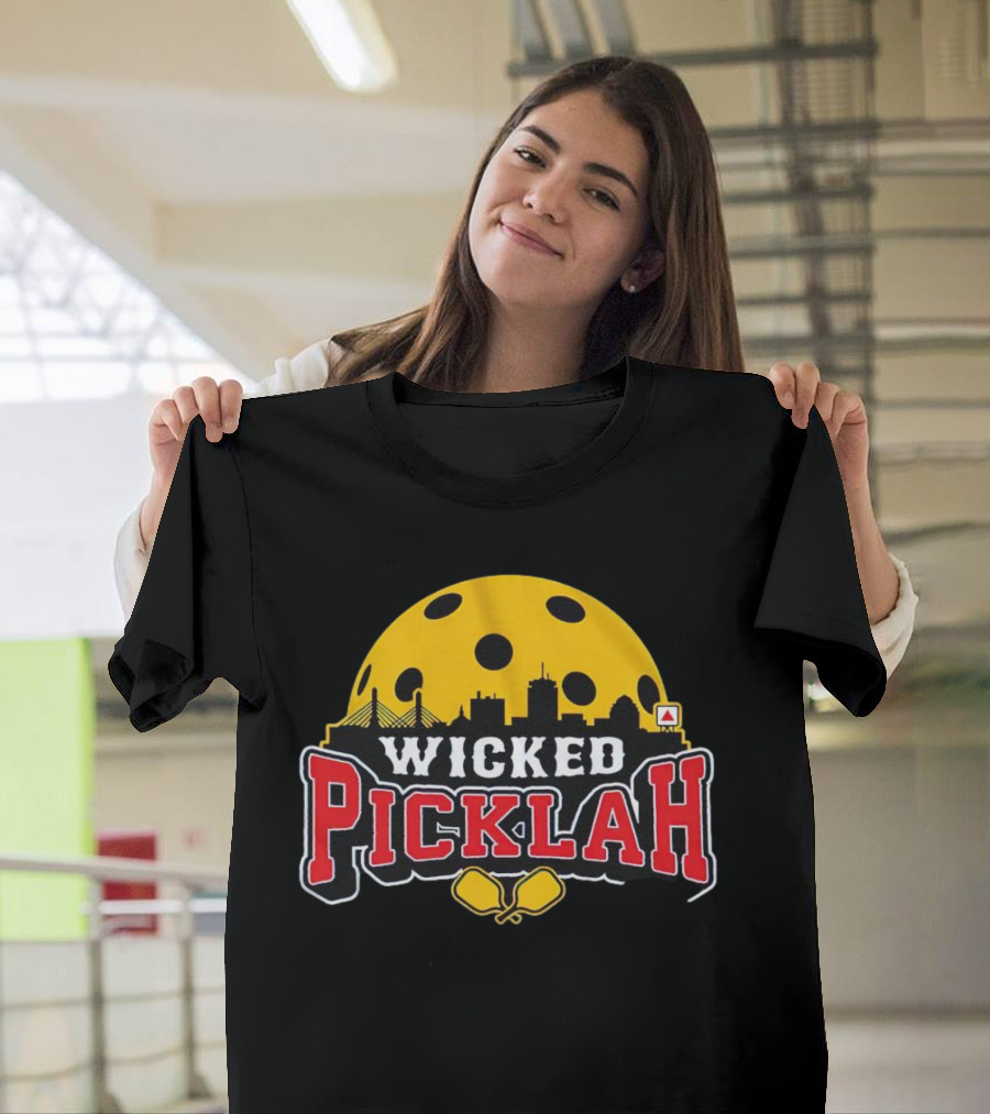 Wicked Picklah Boston Skyline Pickleball Paddle Bridge T-Shirt
