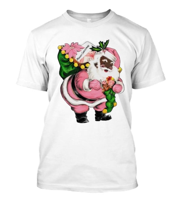 Merry Christmas Santa Claus Wear Pink Outfit With Sack And Toys T-Shirt