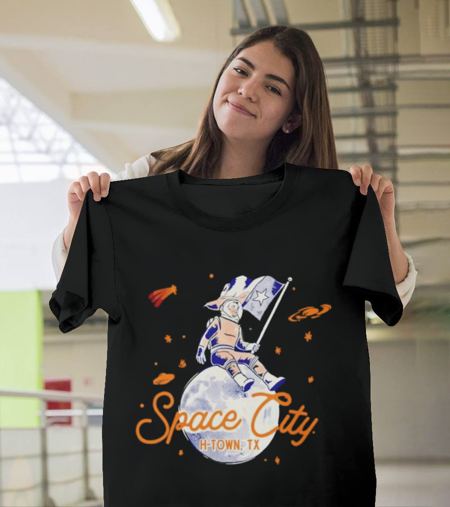 Space City H-Town TX Astronaut on Moon with Saturn and Stars T-Shirt