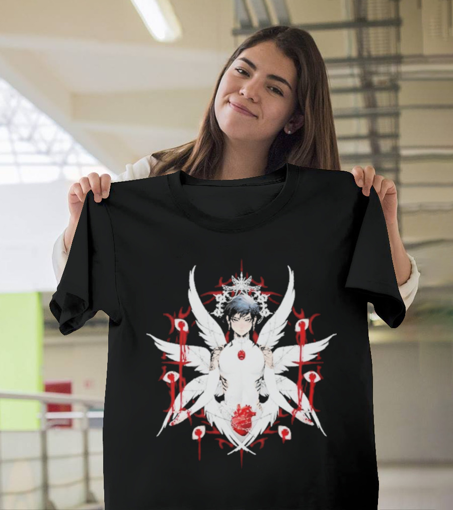 W6rst Maza Anime Angelic Figure With Wings And Red Accents T-Shirt