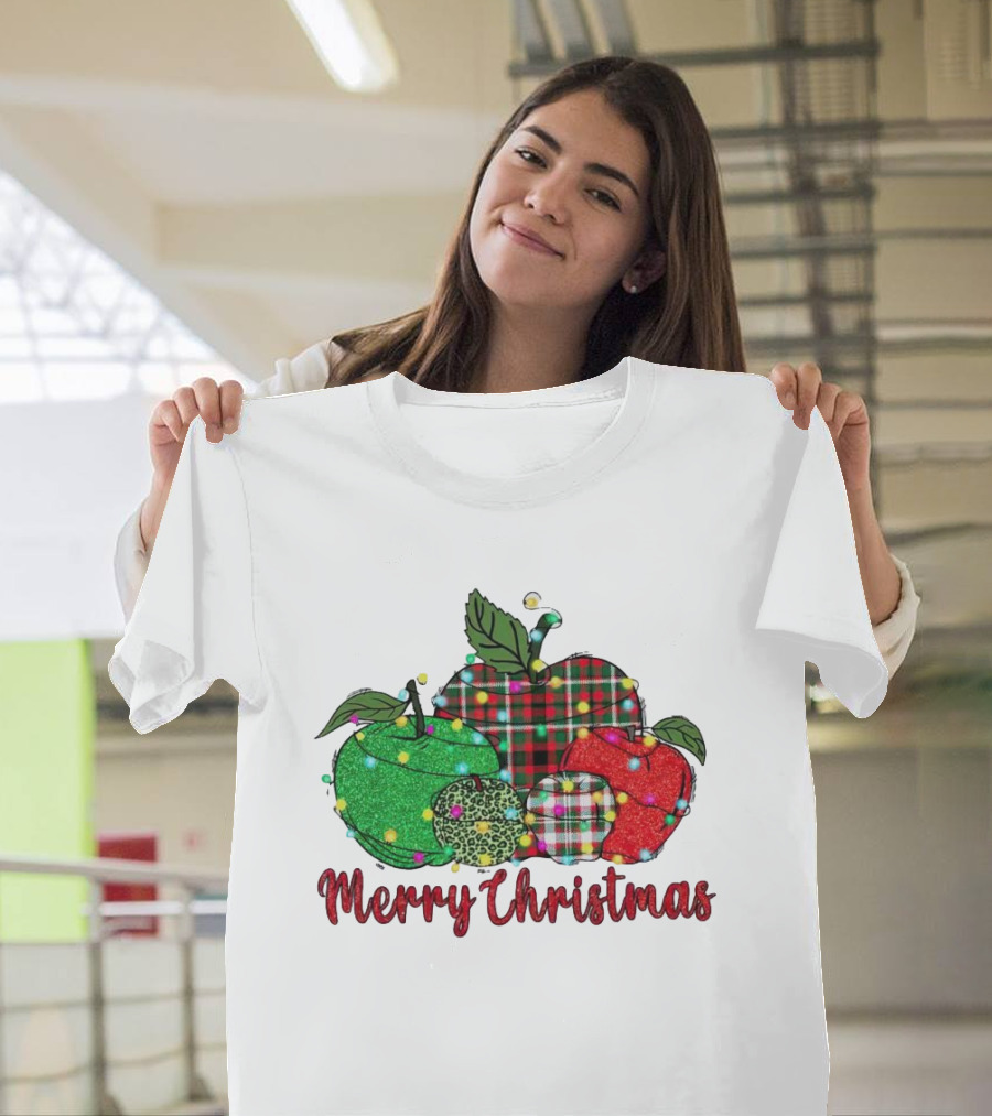 Merry Christmas Apples Plaid And Lights T-Shirt